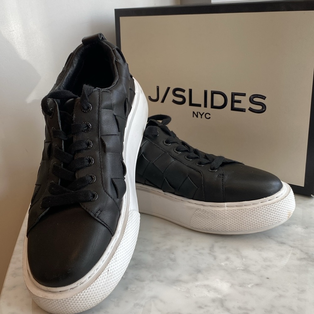 JSLIDES Dede Black Woven Leather White Platform Sneaker/Shoes Size 8.5